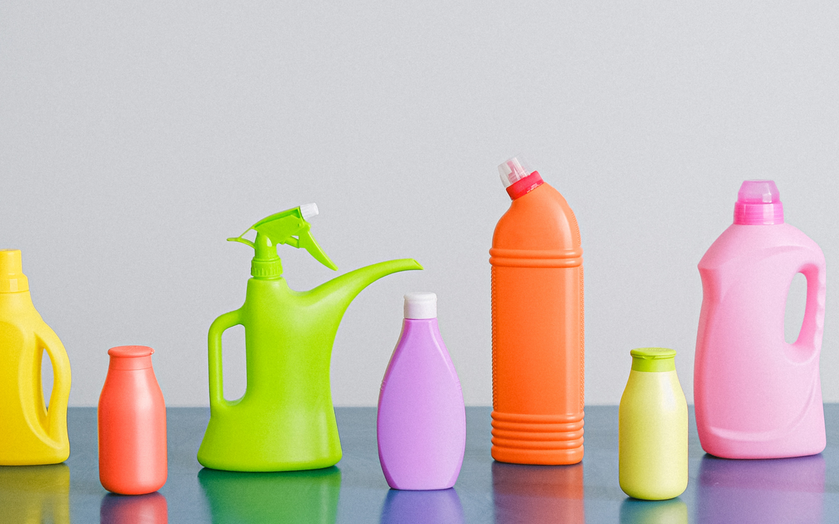 Cleaning solution containers on a table.